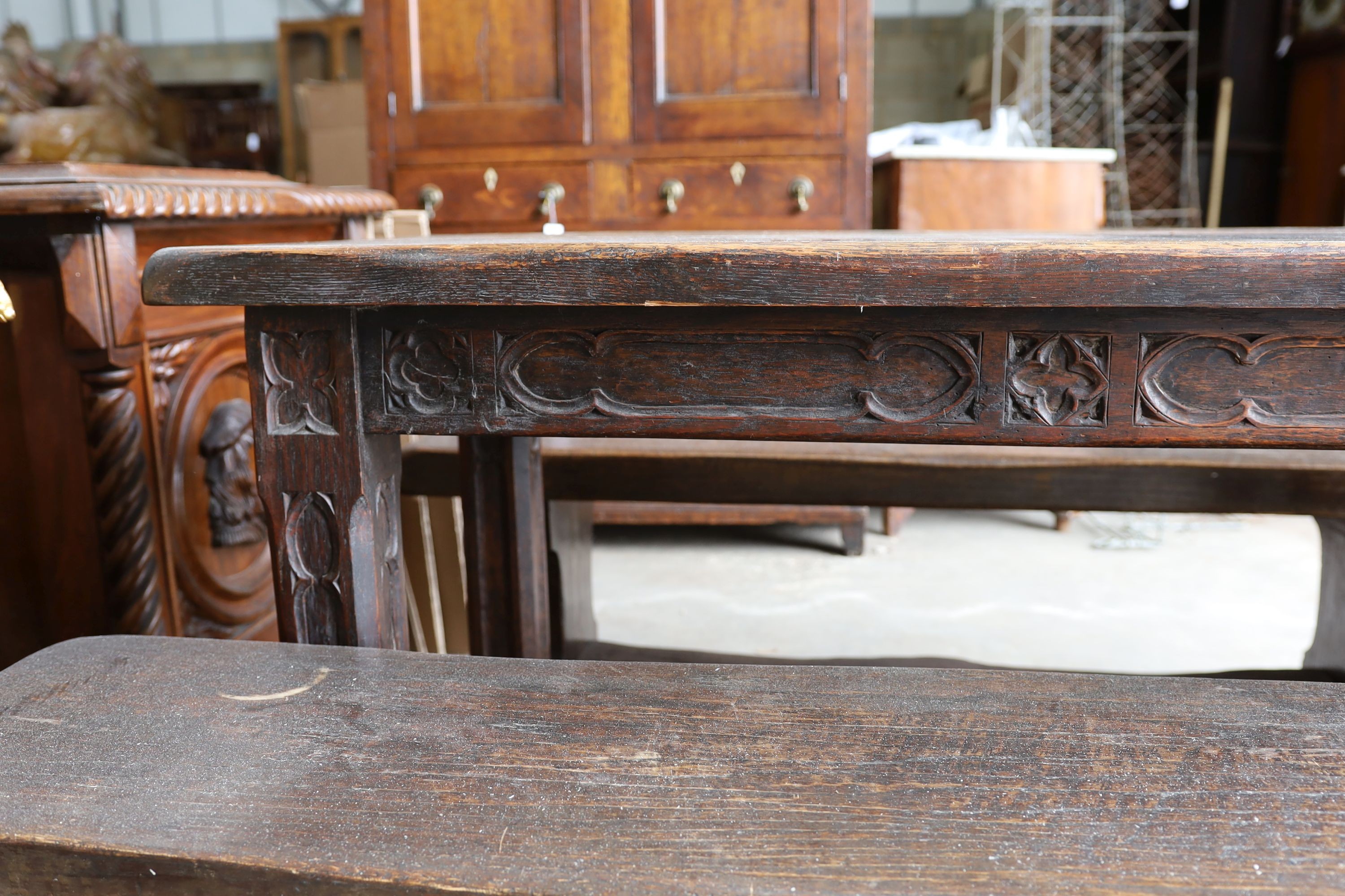 A 17th century style rectangular Gothic oak New England table, width 127cm, depth 59cm, height 77cm